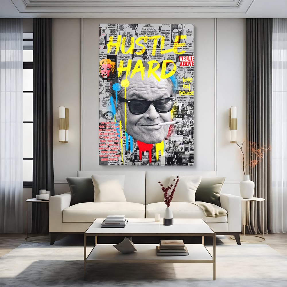 Tablou canvas cu tablou portret jack nicholson cu ochelari si tigara, fara rama, pe sasiu de lemn, pe perete intr-un living